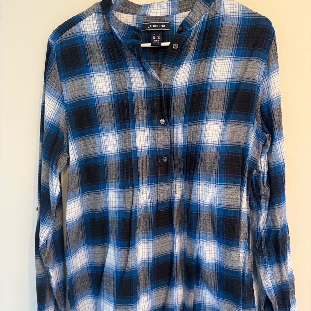 Lands' End Teal and Brown Plaid Shirt